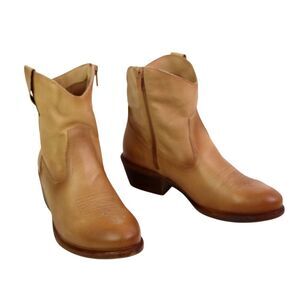 Miz Mooz TAN BROWN GENUINE LEATHER MID HEEL ROUND TOE ZIP SIDE ANKLE BOOTS Sz 37